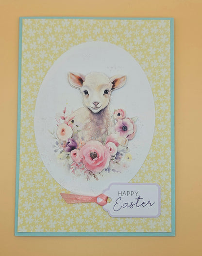 Easter card with a lamb and flowers on a yellow background