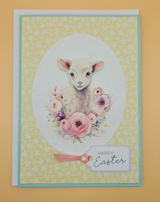 Handmade Easter Card, Pastel Lamb & Blooms Greeting Card, 3D Decoupage Keepsake