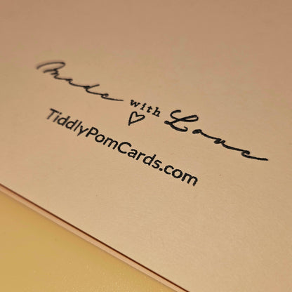 Card with 'Made with Love' and TiddlyPomCards.com text on a beige background