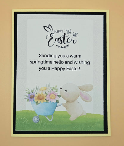 Easter card with a bunny and flowers on a beige background
