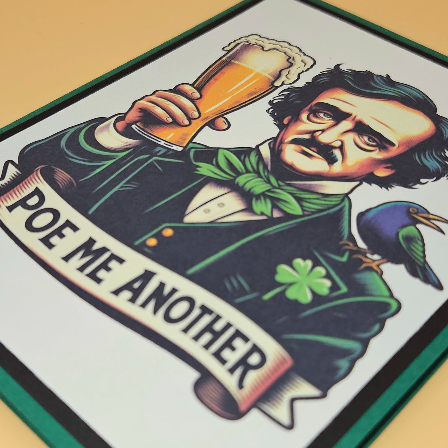 Illustration of a character holding a beer with 'Poe Me Another' text, likely inspired by Edgar Allan Poe, on a white background.