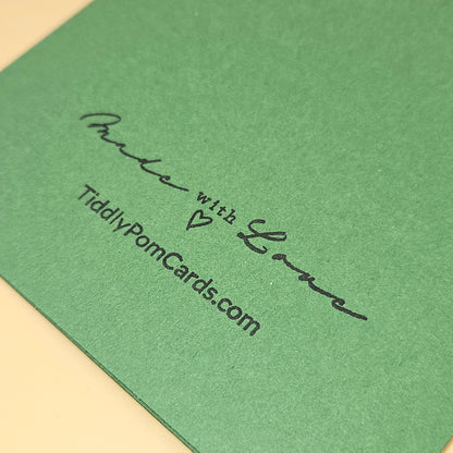 Green card with 'Made with Love' and TiddlyPomCards.com text on a beige background