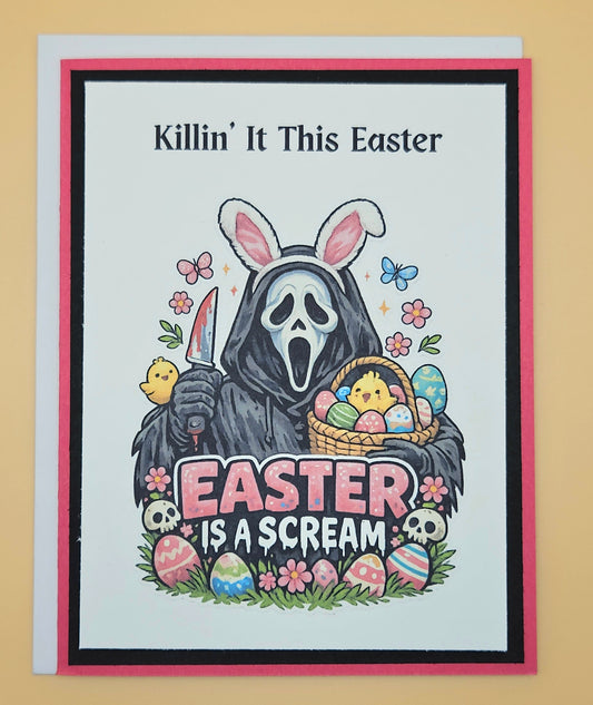 Easter card with a ghostly figure in a hood and bunny ears holding a knife, surrounded by Easter eggs and flowers.