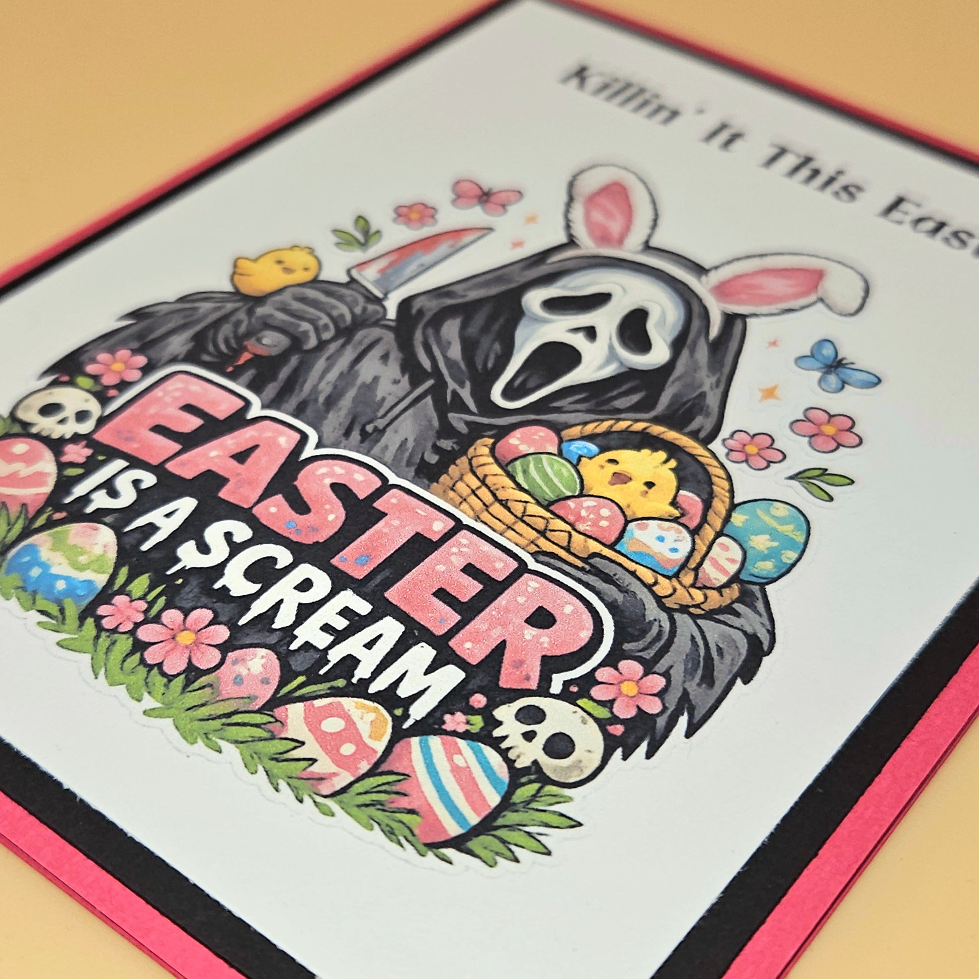 Greeting card with a cartoon grim reaper wearing bunny ears and Easter eggs, text 'Easter is a Scream', on a light brown background.