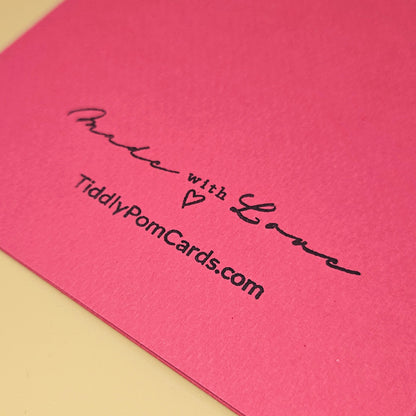 Pink card with 'Made with Love' and 'TiddlyPomCards.com' text on a beige background