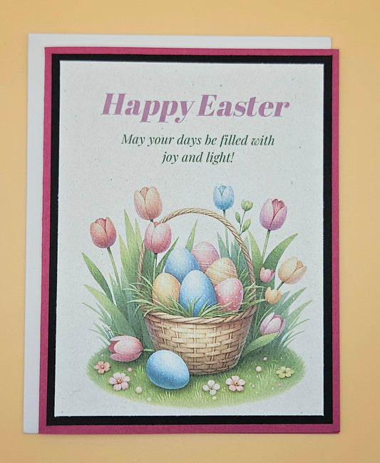 Easter card with colorful eggs and tulips on a yellow background