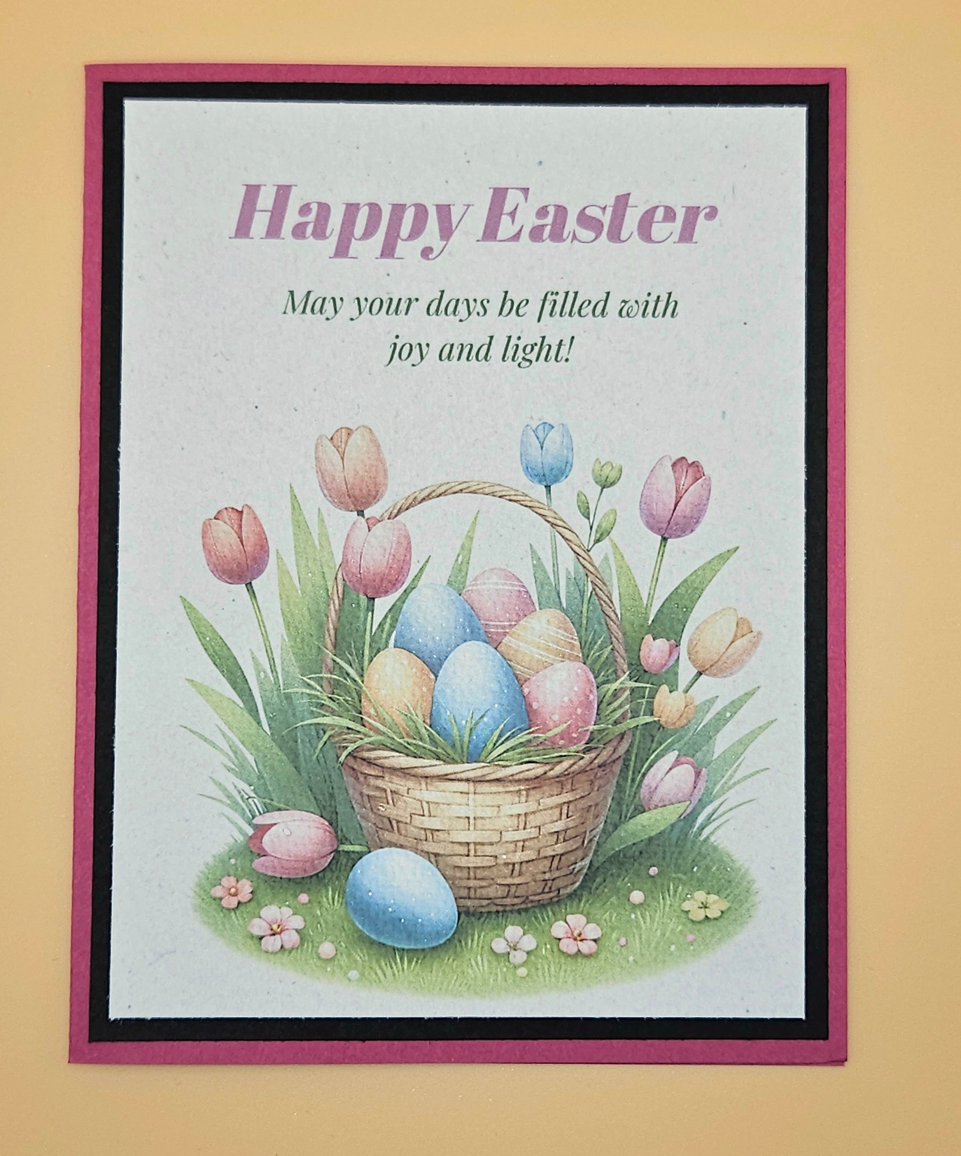 Easter card with basket of eggs and tulips on a beige background