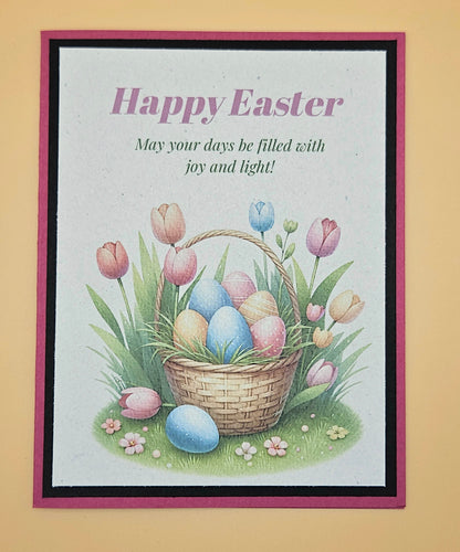 Easter card with basket of eggs and tulips on a beige background