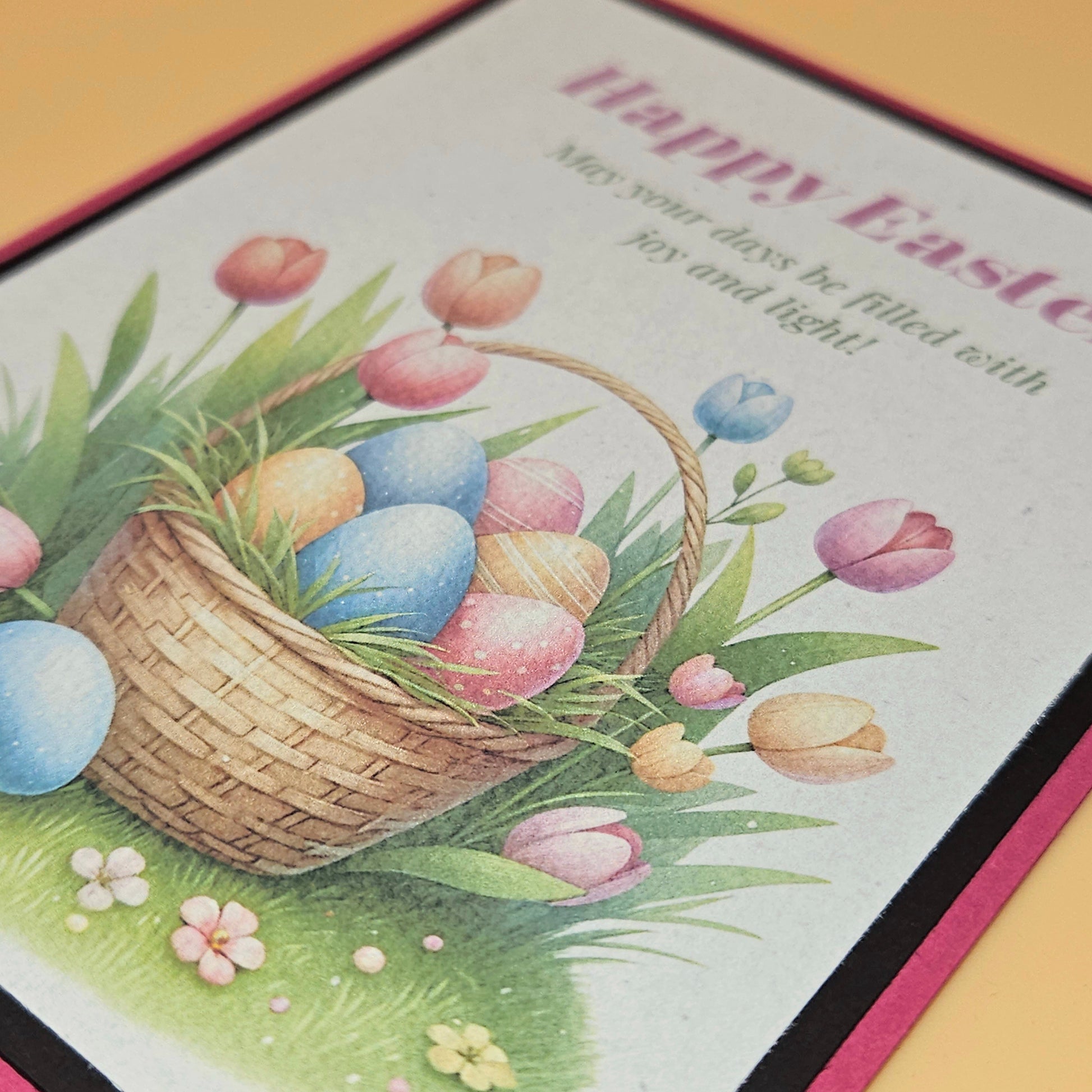 Easter card with a basket of eggs and flowers on a grassy background
