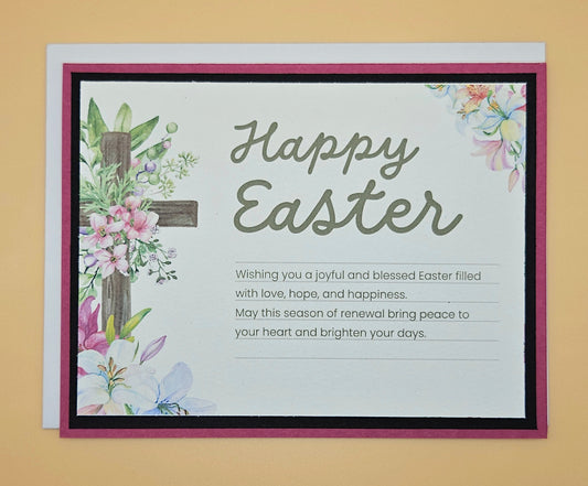 Easter card with floral designs and a message on a beige background