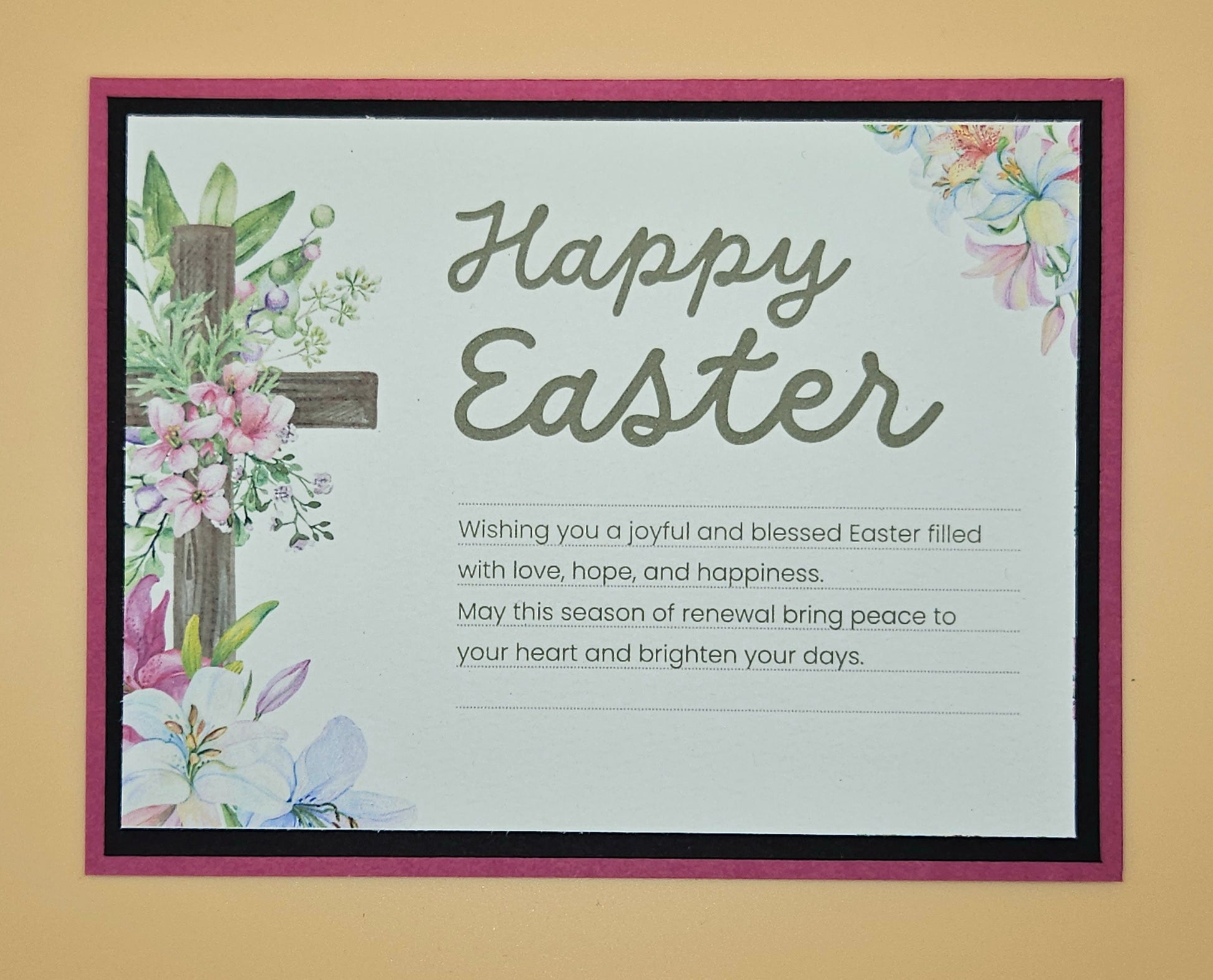 Easter card with floral designs and text on a beige background
