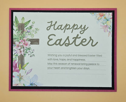 Easter card with floral designs and text on a beige background