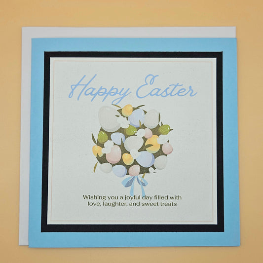 Easter card with colorful eggs and text on a beige background