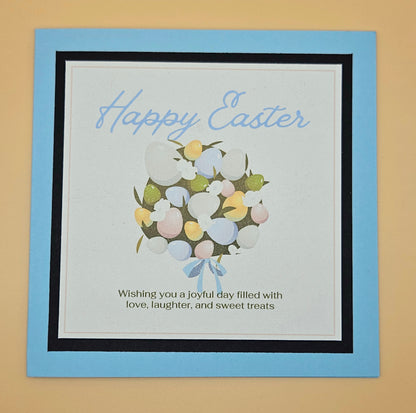 Easter card with a wreath design and 'Happy Easter' text on a beige background