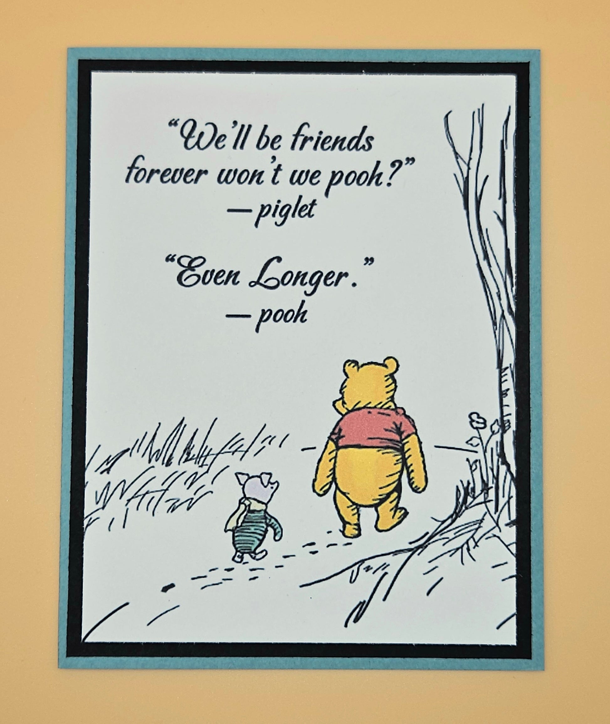 Cartoon of Pooh and Piglet with friendship quote on a beige background