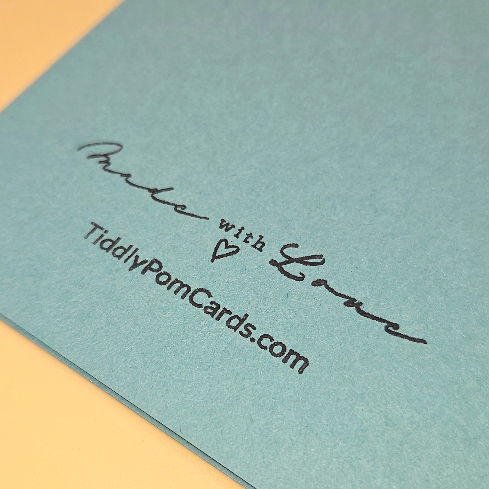 Blue card with 'Made with Love' and TiddlyPomCards.com text on a yellow background