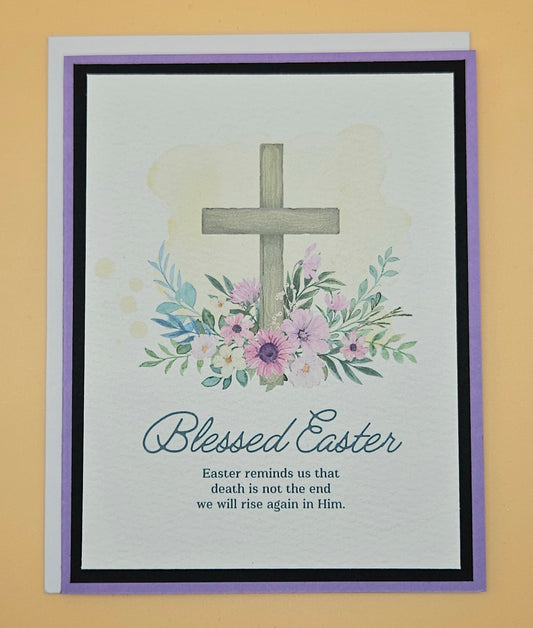 Easter card with cross and flowers on a beige background