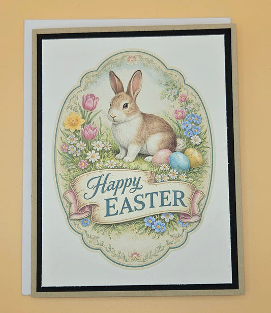Easter card with a rabbit and flowers on a beige background