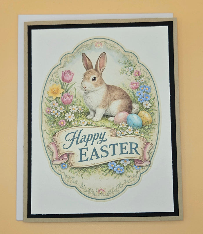 Easter Card, Handmade Vintage Bunny Spring Meadow and Flowers, Greeting, Blank Inside