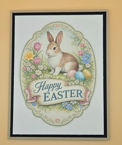 Framed Easter card with a rabbit and eggs on a beige background