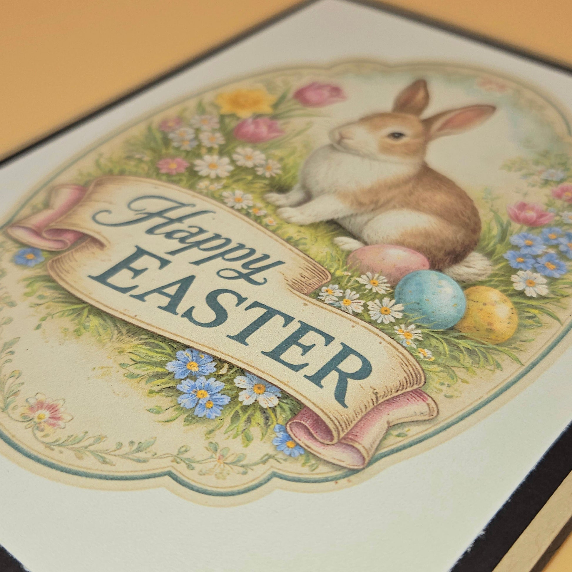Vintage-style Easter card with a rabbit, eggs, and flowers.