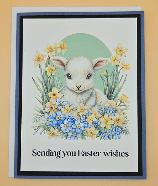 Easter card with a lamb and flowers on a beige background