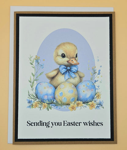 Easter Card, Handmade Vintage Duckling Spring Meadow, Easter Eggs Keepsake, Blank Inside