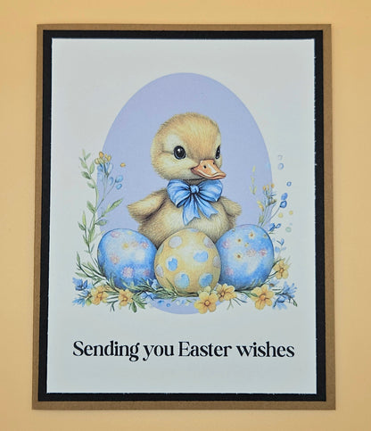 Easter Card, Handmade Vintage Duckling Spring Meadow, Easter Eggs Keepsake, Blank Inside