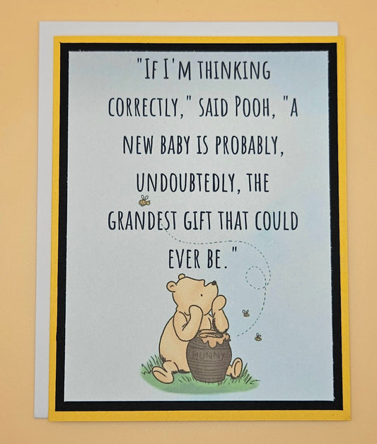 Winnie the Pooh New Baby Card, Handmade Classic Pooh Illustration, Grandest Gift Keepsake with Message