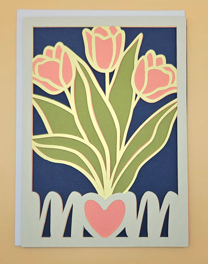 Mother’s Day Card for Mom, Handmade Pink Tulip MOM Greeting, Heartfelt Keepsake, Blank Inside
