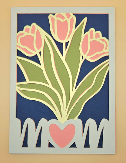 Mother’s Day Card for Mom, Handmade Pink Tulip MOM Greeting, Heartfelt Keepsake, Blank Inside