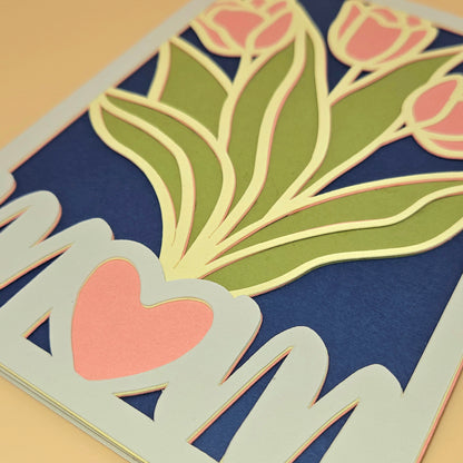 Mother’s Day Card for Mom, Handmade Pink Tulip MOM Greeting, Heartfelt Keepsake, Blank Inside