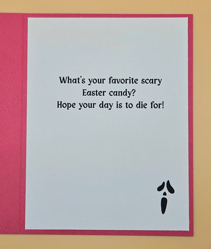 Card with humorous Easter message and black carrot illustration on a red border.