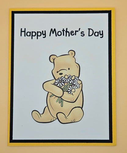 Winnie the Pooh Mother’s Day Card for Mom, Handmade Classic Pooh Daisy Bouquet, Heartfelt Keepsake with Message