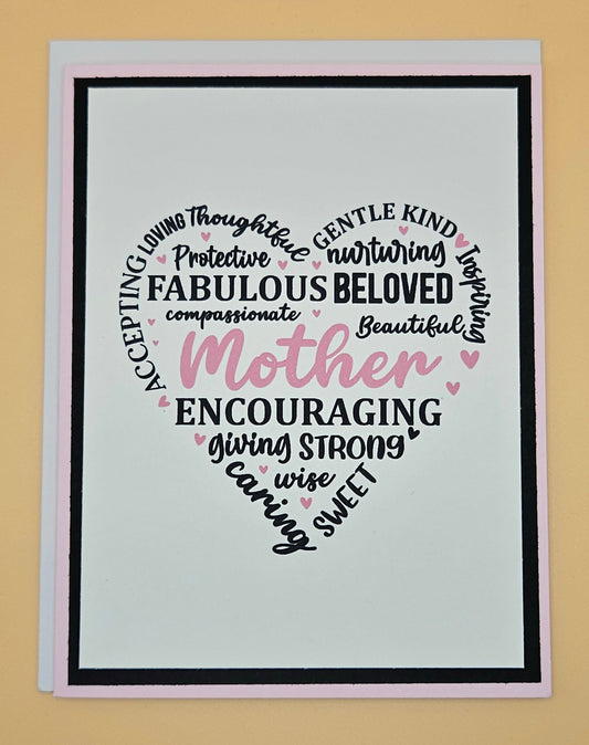 Handmade Mother's Day Card,Heart Word Art Greeting Card, Keepsake for Mom