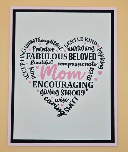 Mother’s Day Card for Mom, Handmade Heart Word Art Typography, Heartfelt Keepsake with Message