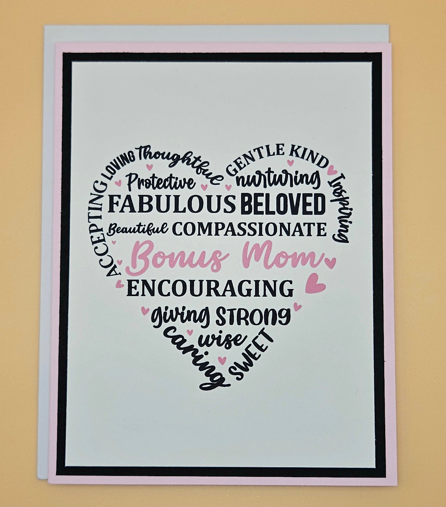 Mother's Day Card for Bonus Mom, Handmade Heart Word Art, Stepmom Keepsake