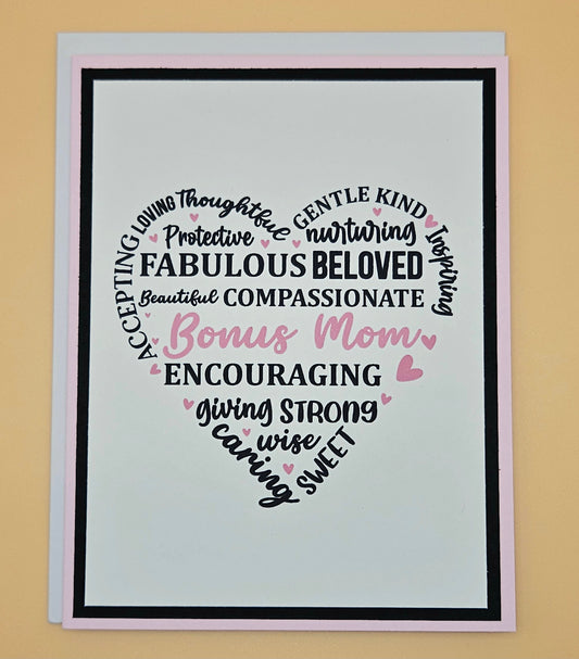 Handmade Mother's Day Card, Bonus Mom Heart Word Art Keepsake