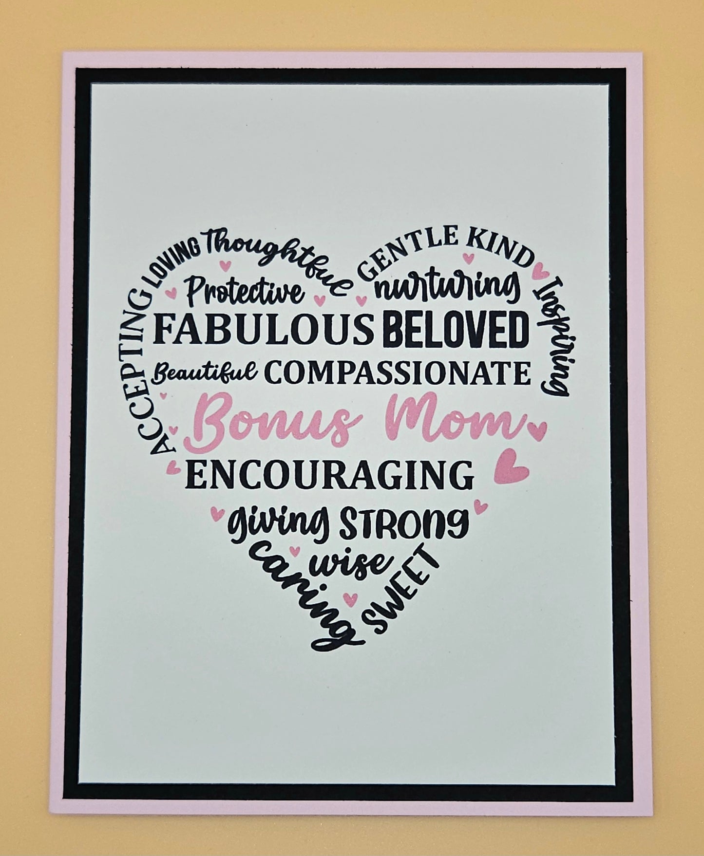 Mother's Day Card for Bonus Mom, Handmade Heart Word Art, Stepmom Keepsake