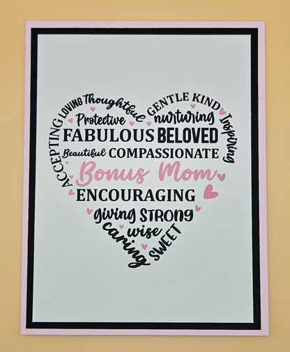 Mother's Day Card for Bonus Mom, Handmade Heart Word Art, Stepmom Keepsake