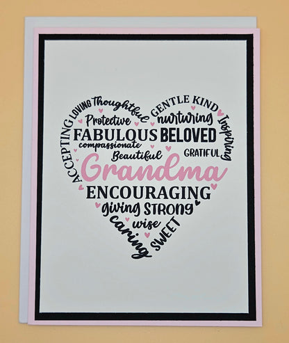 Mother’s Day Card for Grandma, Handmade Heart Word Art Typography, Heartfelt Keepsake with Message