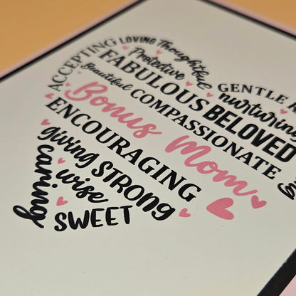 Mother's Day Card for Bonus Mom, Handmade Heart Word Art, Stepmom Keepsake