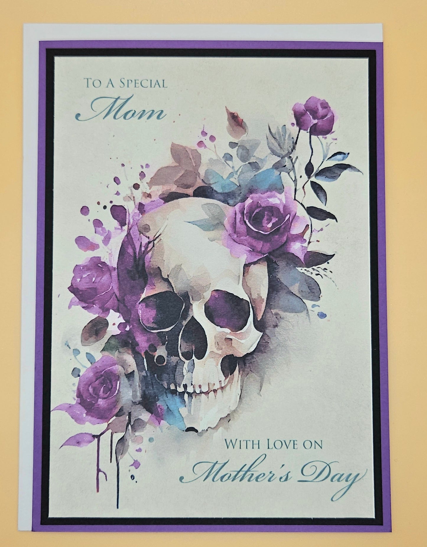 Gothic Mother’s Day Card for Mom, Handmade Skull and Purple Roses, With Love Keepsake