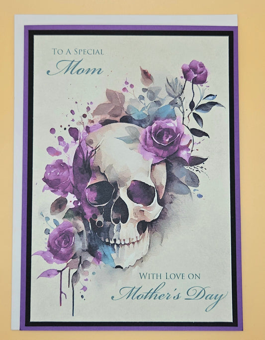 Handmade Gothic Mother's Day Card, Special Mom Purple Roses and Skull Keepsake