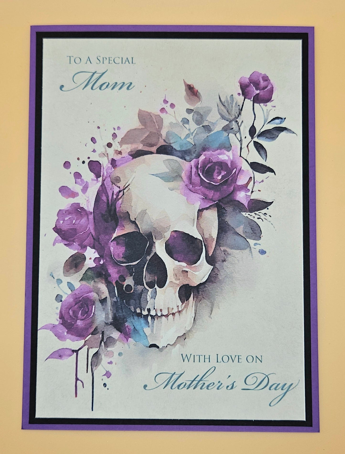 Gothic Mother’s Day Card for Mom, Handmade Skull and Purple Roses, With Love Keepsake