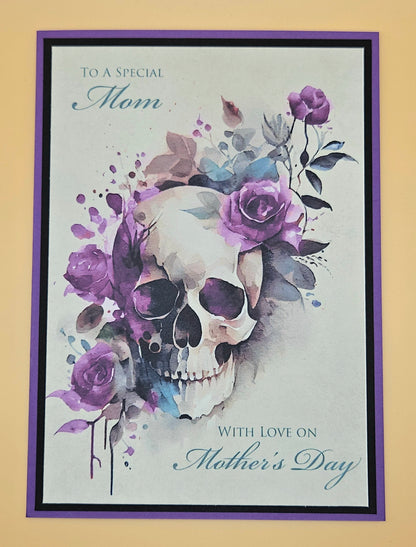 Gothic Mother’s Day Card for Mom, Handmade Skull and Purple Roses, With Love Keepsake