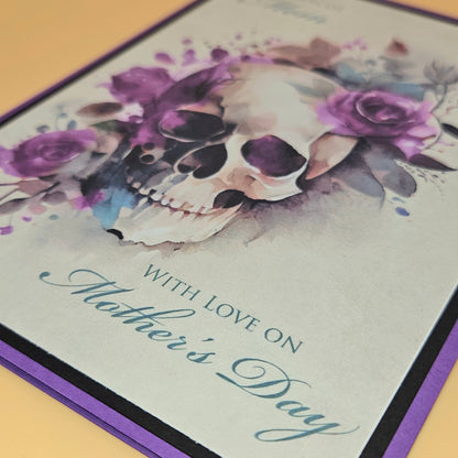 Gothic Mother’s Day Card for Mom, Handmade Skull and Purple Roses, With Love Keepsake
