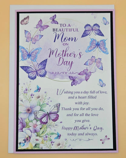 Mother's Day card with butterflies and flowers on a beige background