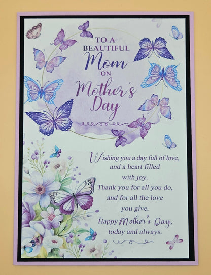 Mother's Day card with butterflies and flowers on a yellow background