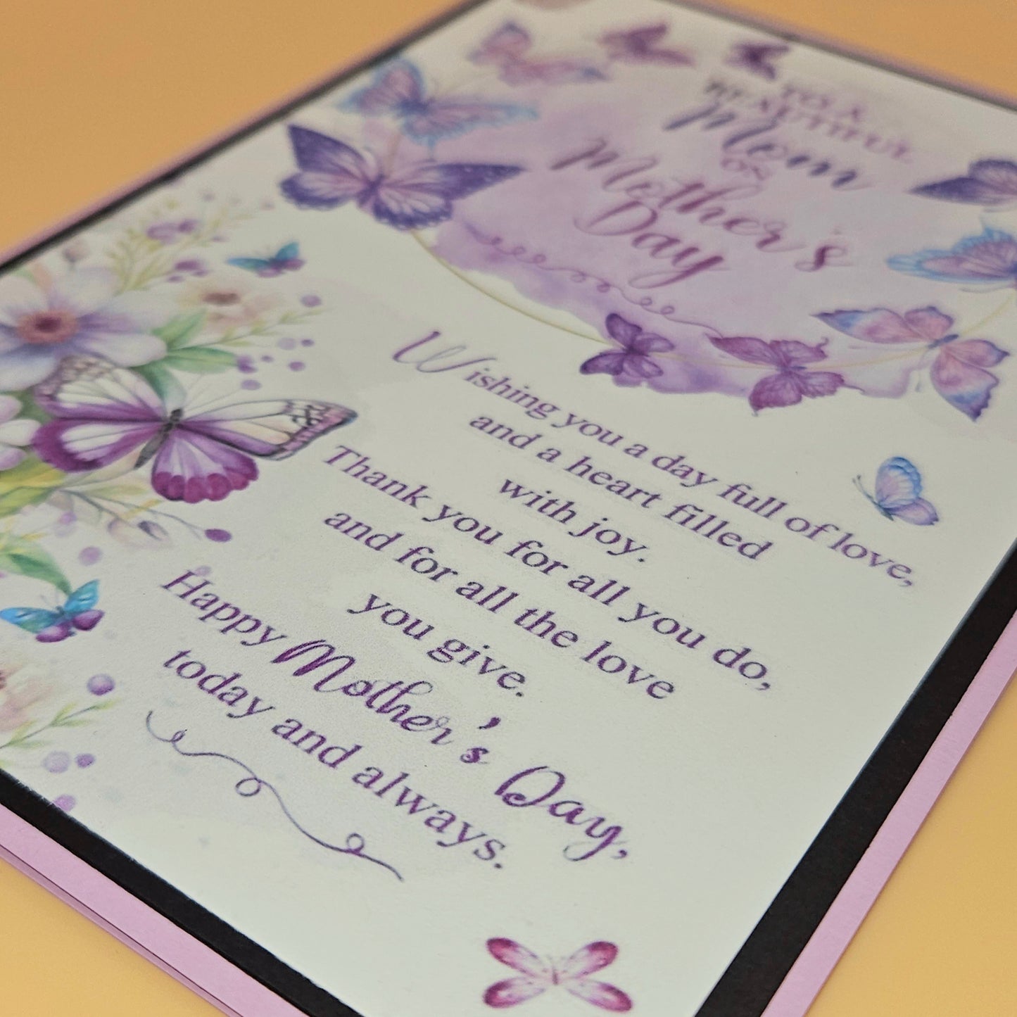 Mother's Day card with butterflies and floral designs on a light background